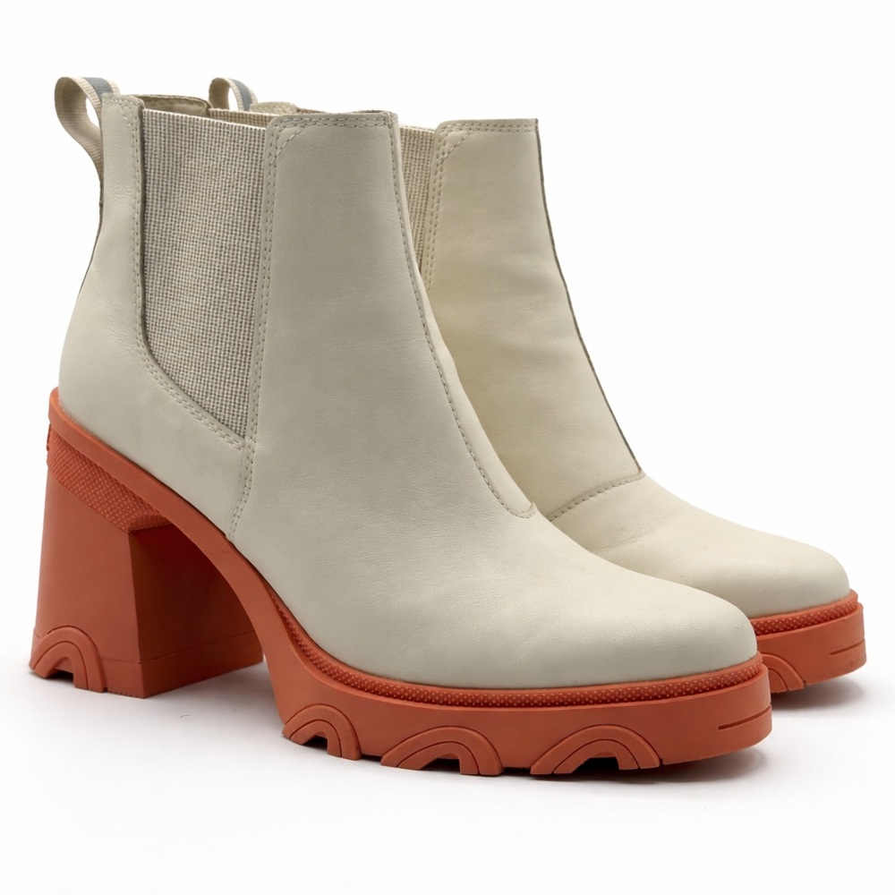 Sorel Brex Heel Chunky Platform Chelsea Cream/Orange Statement Heel Ankle Boots